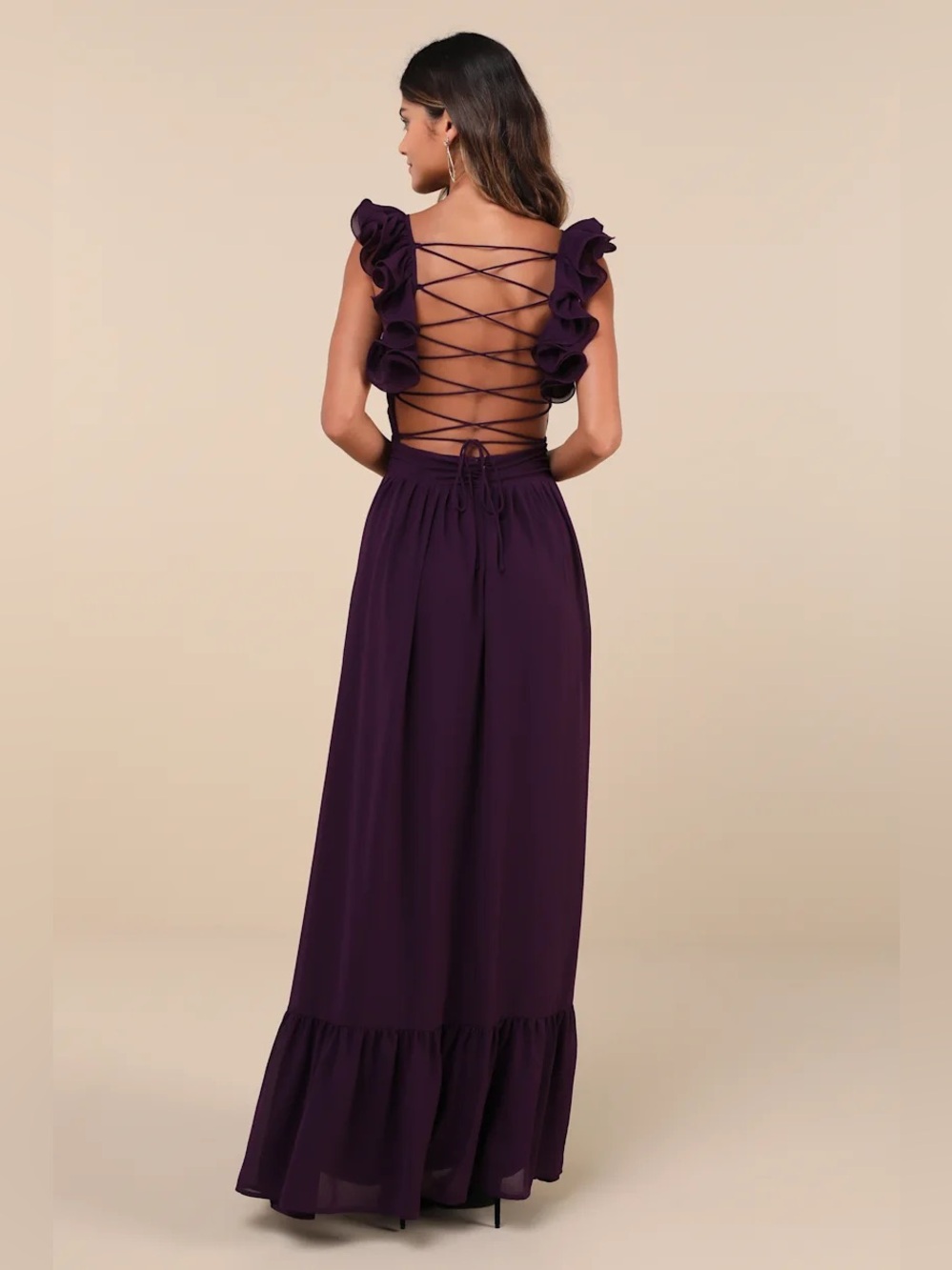 Lulus Women Soiree Celebration Ruffled Lace-Up Maxi Dress Purple Large - Picture 2 of 4